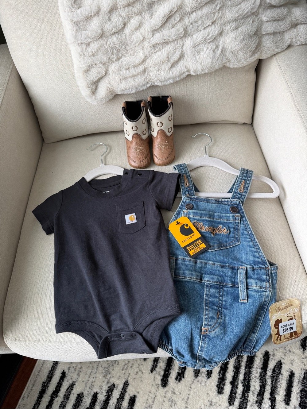 Wrangler Blue Denim Overalls with Black Carhartt Bodysuit and cowboy boots